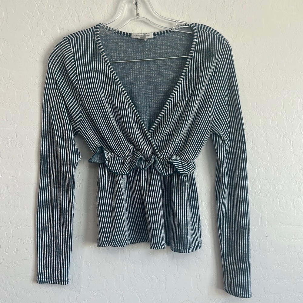 women’s medium blue striped business deep v neck long sleeve top blouse‎ work